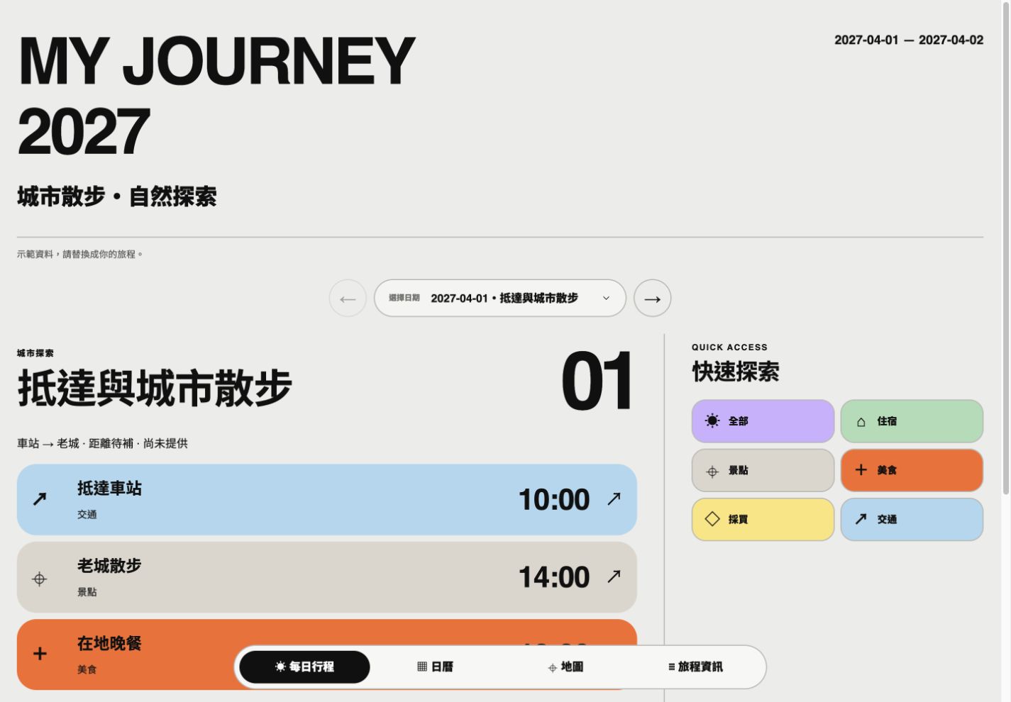 旅程 App 模板實際畫面